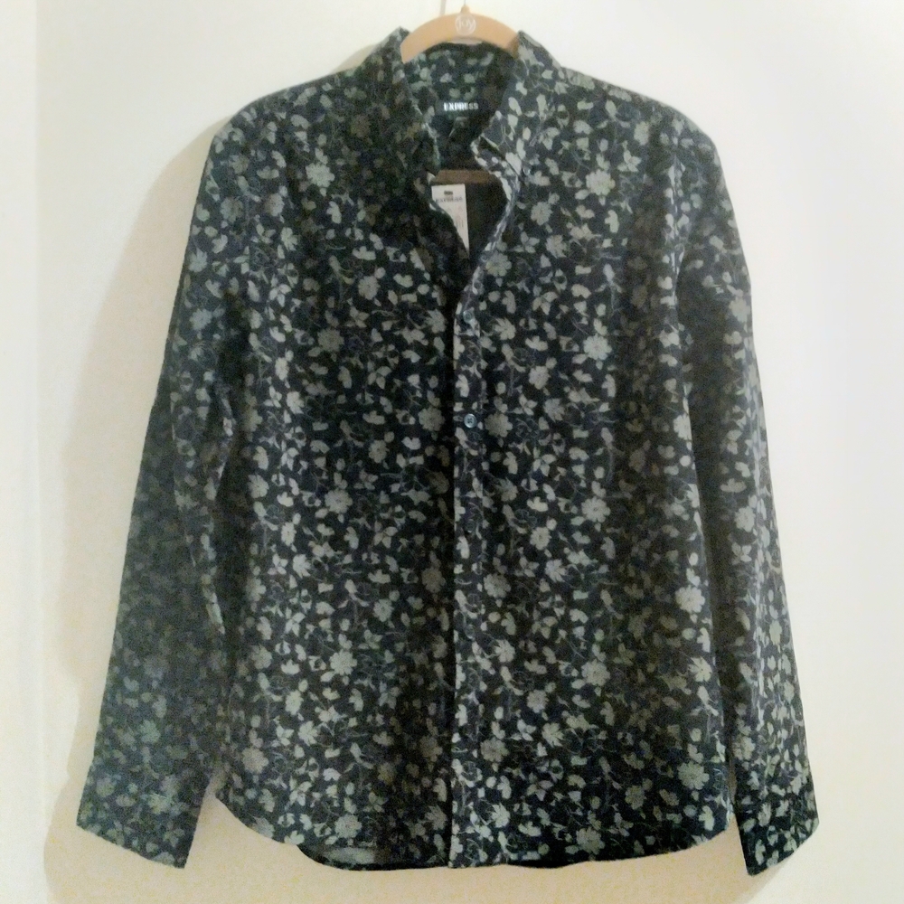 Express Men's Black Green Floral TailoredButton-Down Shirt Modern Event Corduroy